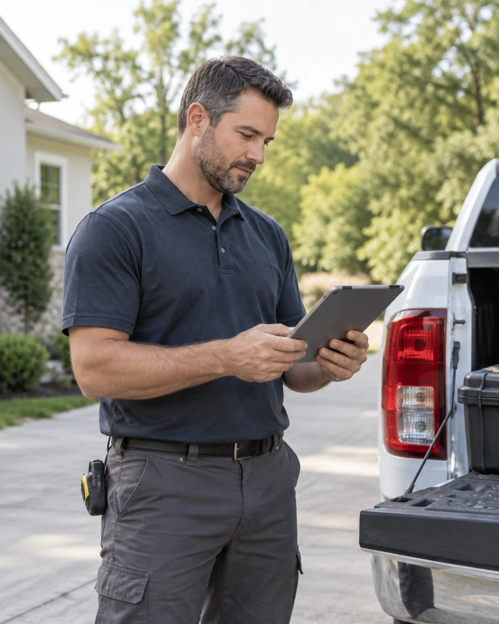 Technician consulting a tablet beside an ordinary pickup at a residential property