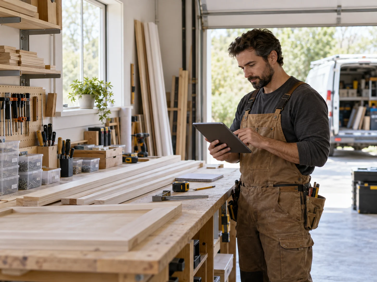 Carpenter reviewing a tablet beside safely laid-down trim boards and an organized workshop bench