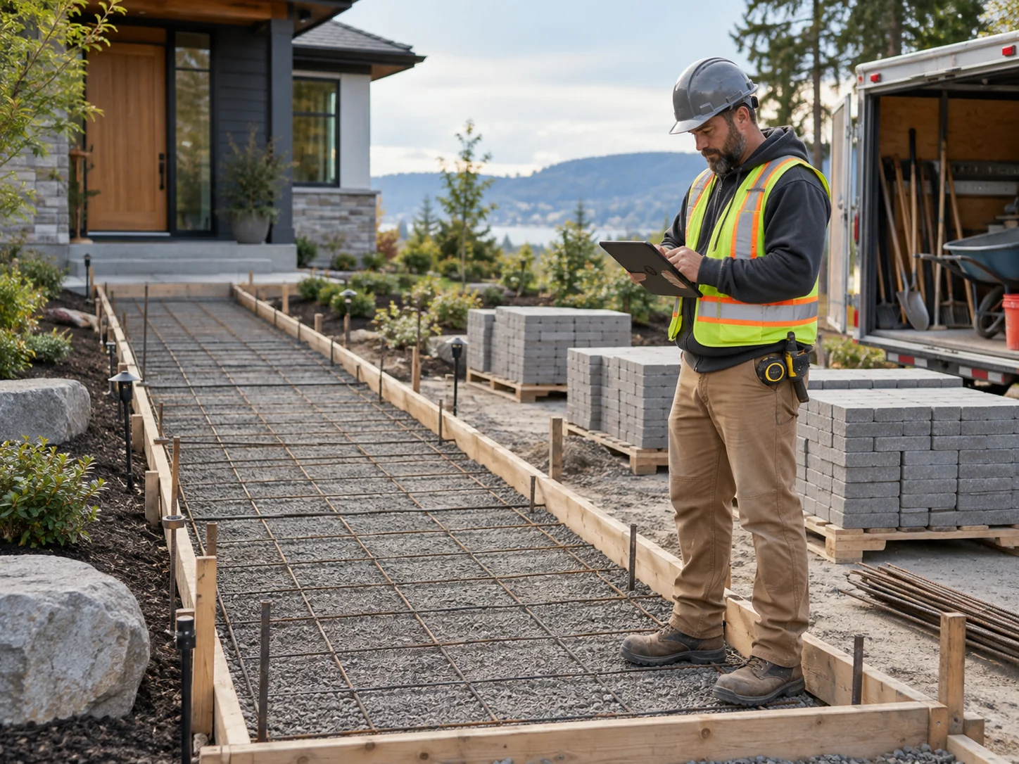 Concrete foreperson checking a tablet beside prepared walkway formwork and stacked paving materials