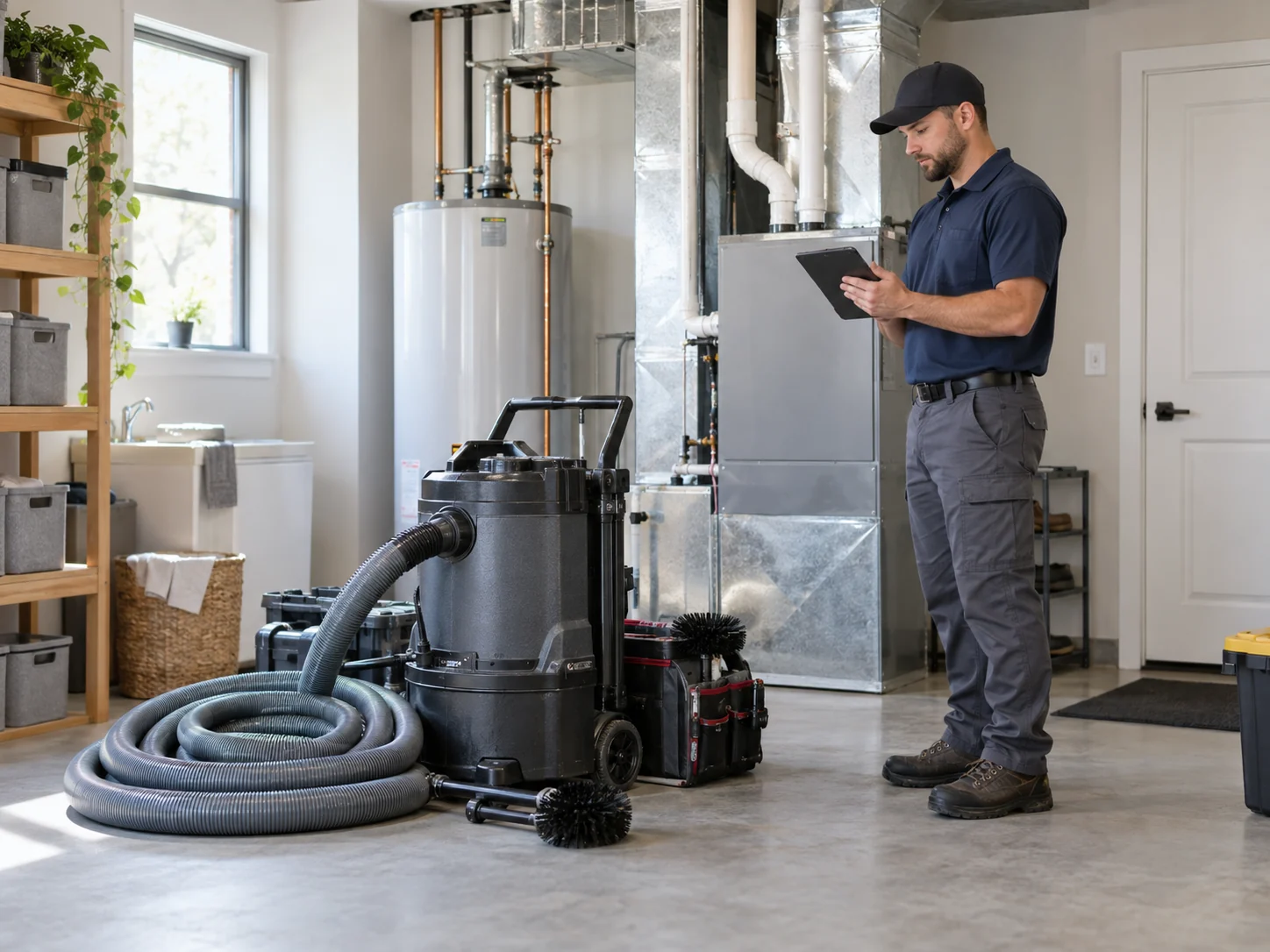 Duct-cleaning technician reviewing a tablet beside safely set-down equipment in a utility room