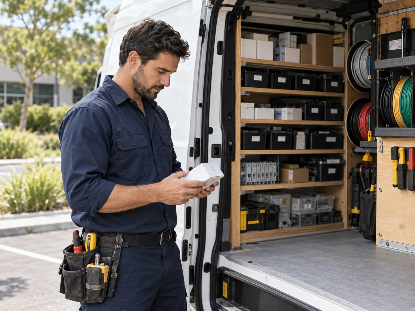 Electrician checking a part beside an organized service van