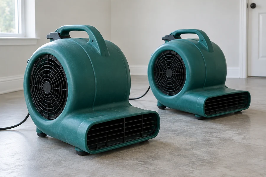 Two air movers set out in a room during restoration