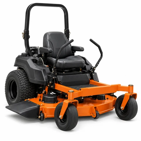 Commercial zero-turn riding mower with an orange deck and black seat