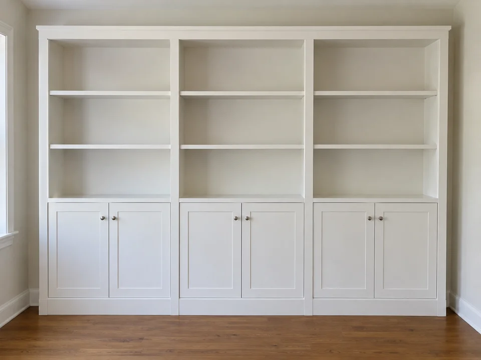 Three-bay white built-in with six lower cupboard doors