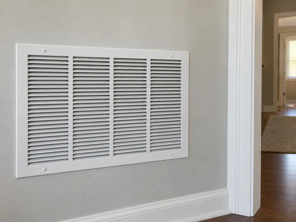 Clean white return-air grille reinstalled in the main-floor hallway