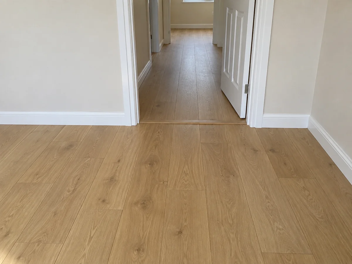 Finished oak-look plank flooring and matching doorway transition