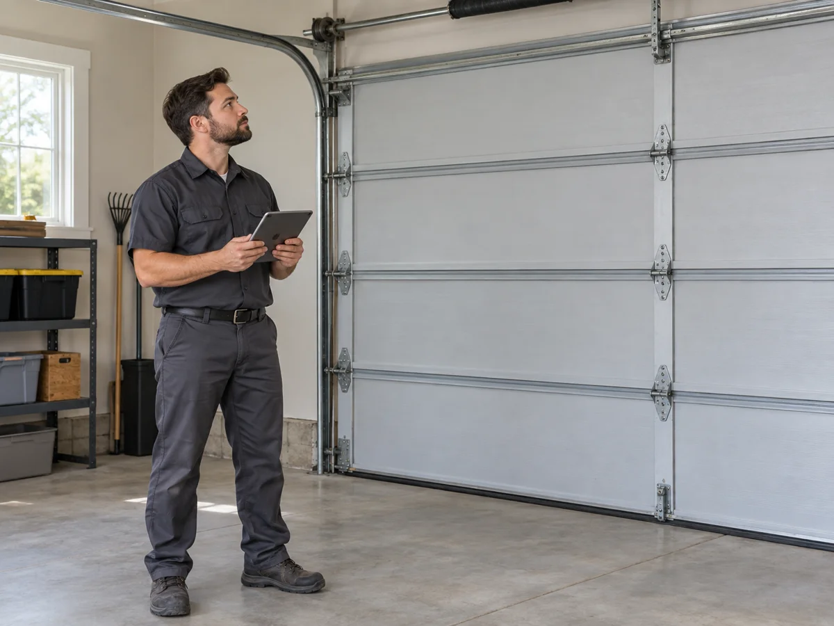 Garage-door technician beside a sectional door and its track