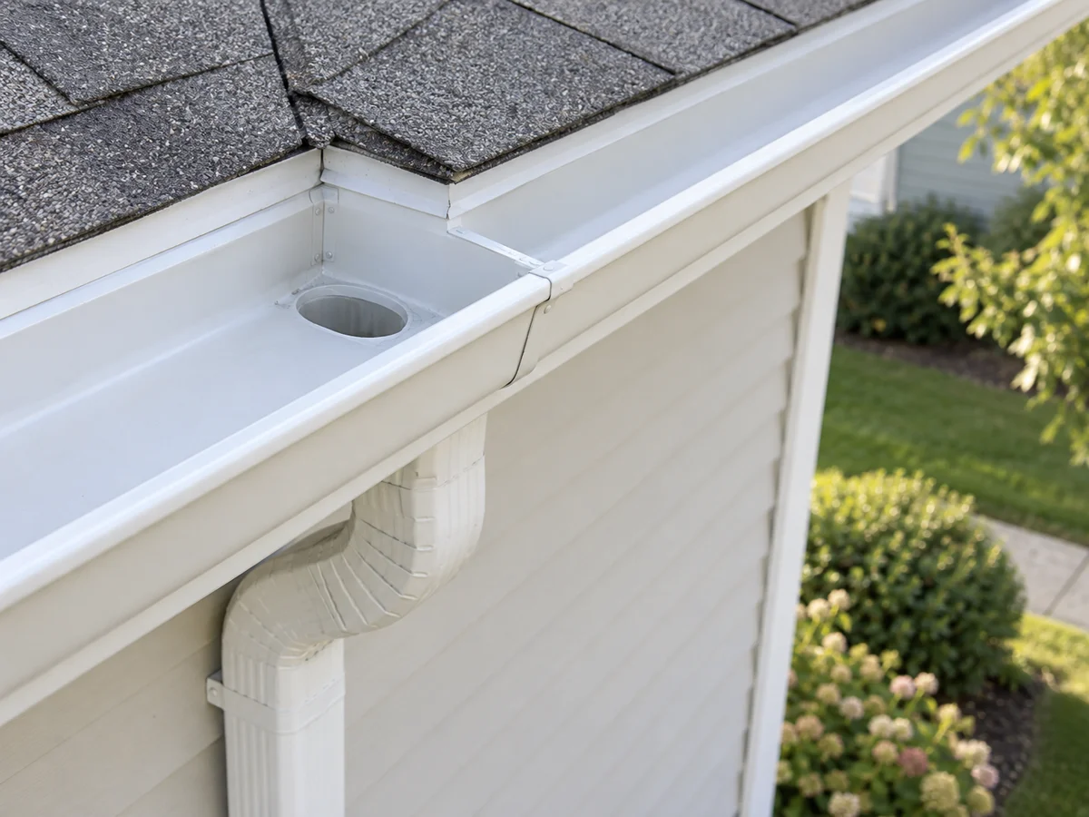 Clean white gutter channel and front corner outlet along a shingle roof