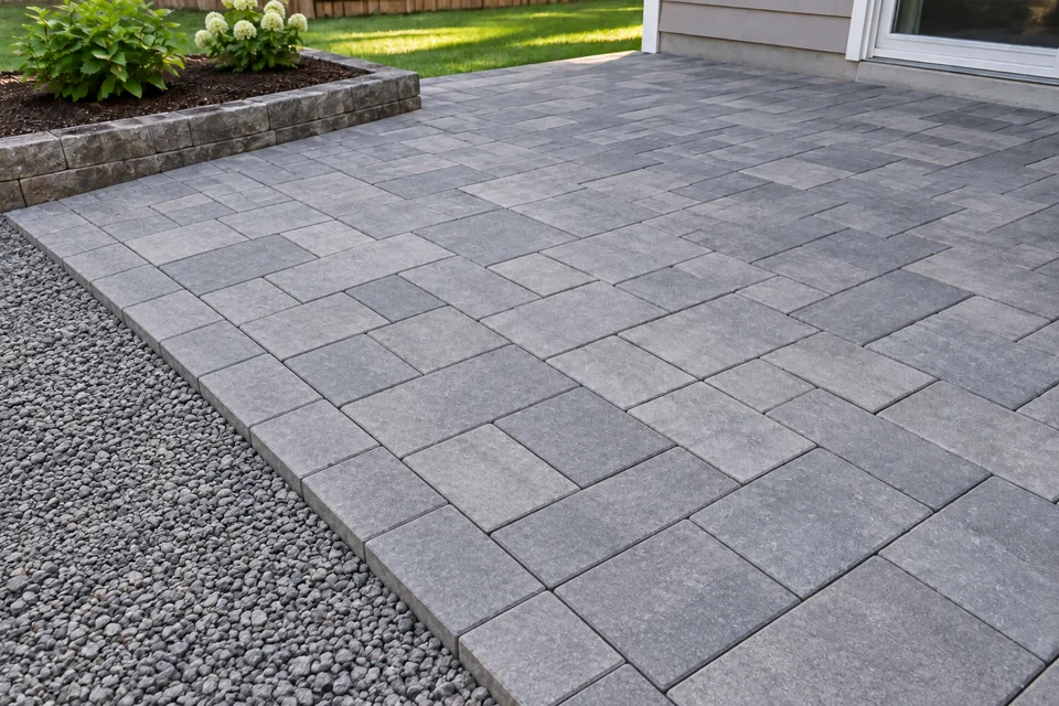 Completed gray paver patio with finished straight edges