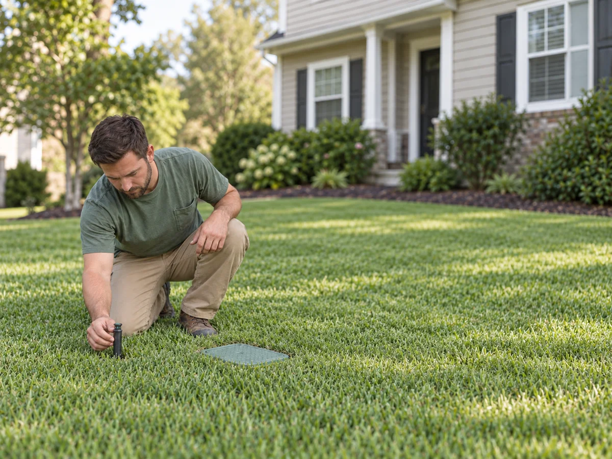 Technician examining a lawn sprinkler nozzle with the system off