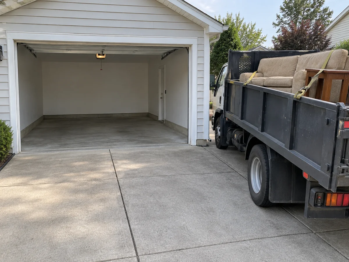 Cleared garage with a junk-removal truck carrying the collected sofa and table