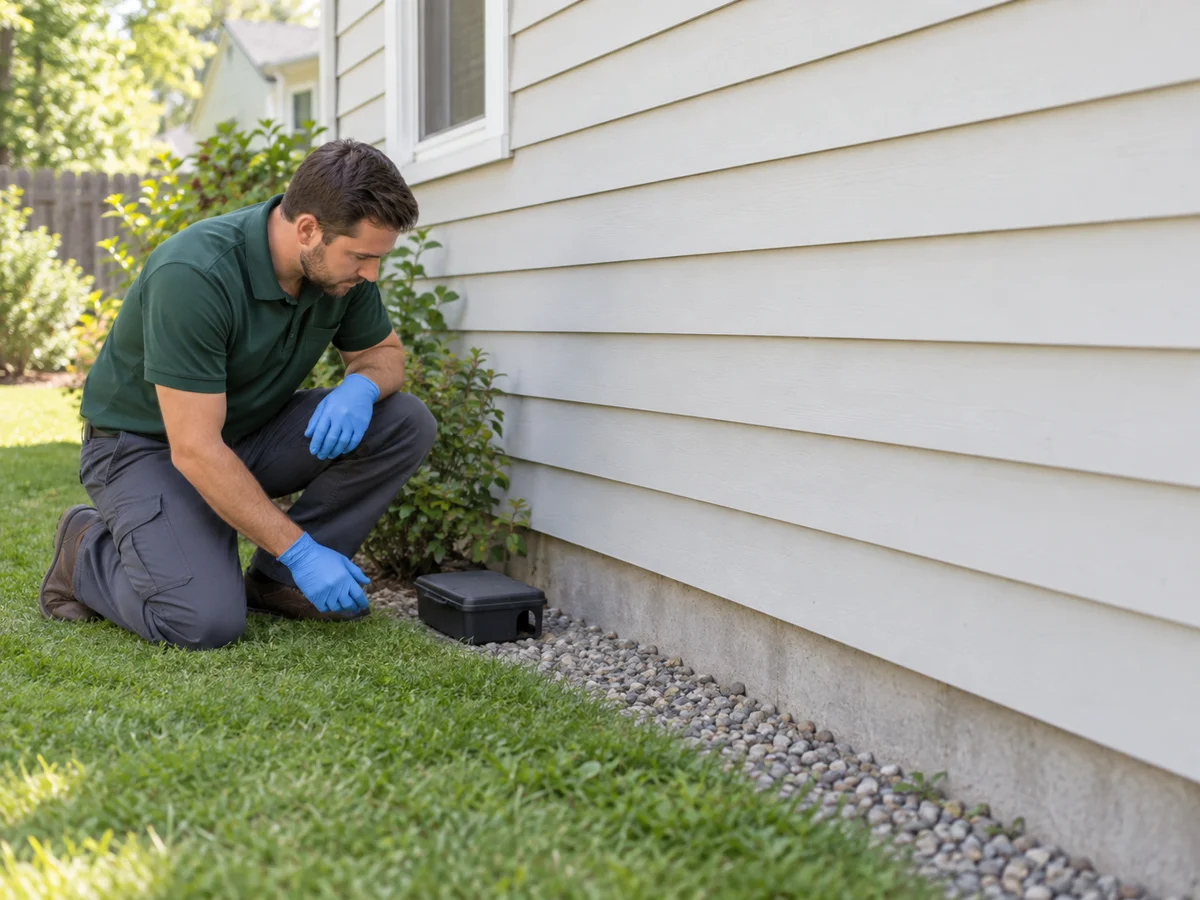 Pest technician inspecting an exterior monitoring station
