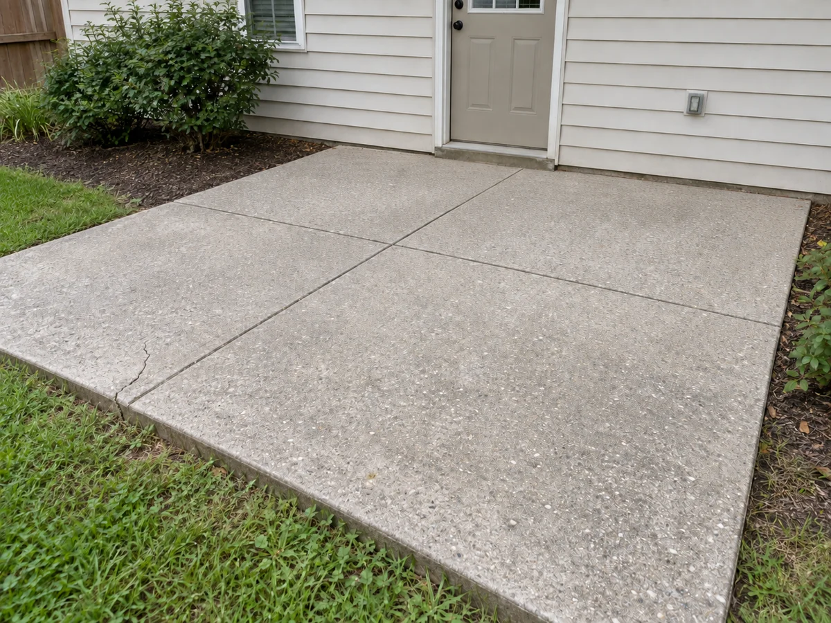 Cleaned concrete patio with original control joints and existing hairline crack