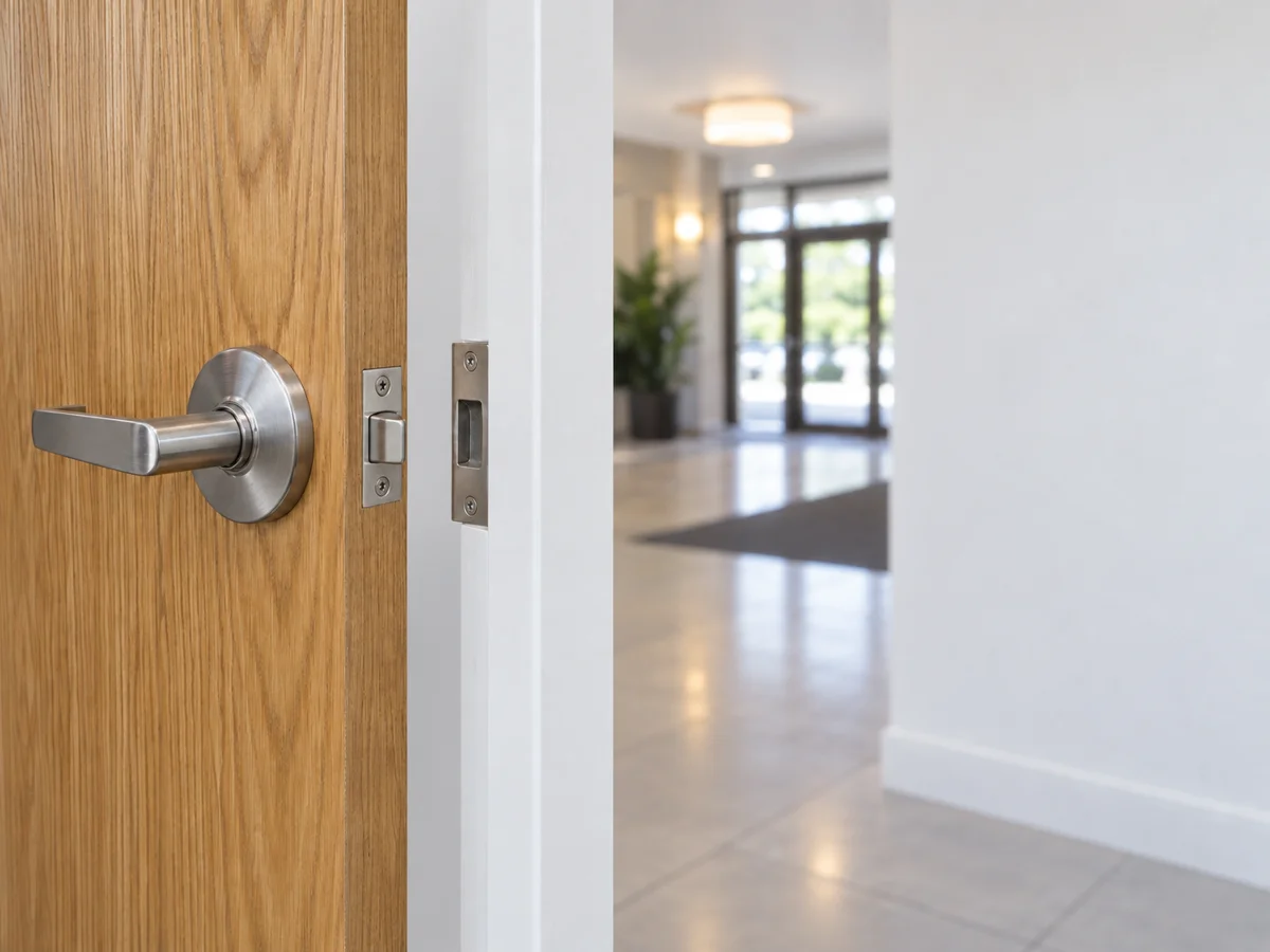 Entry door lever, latch and secured strike plate after repair