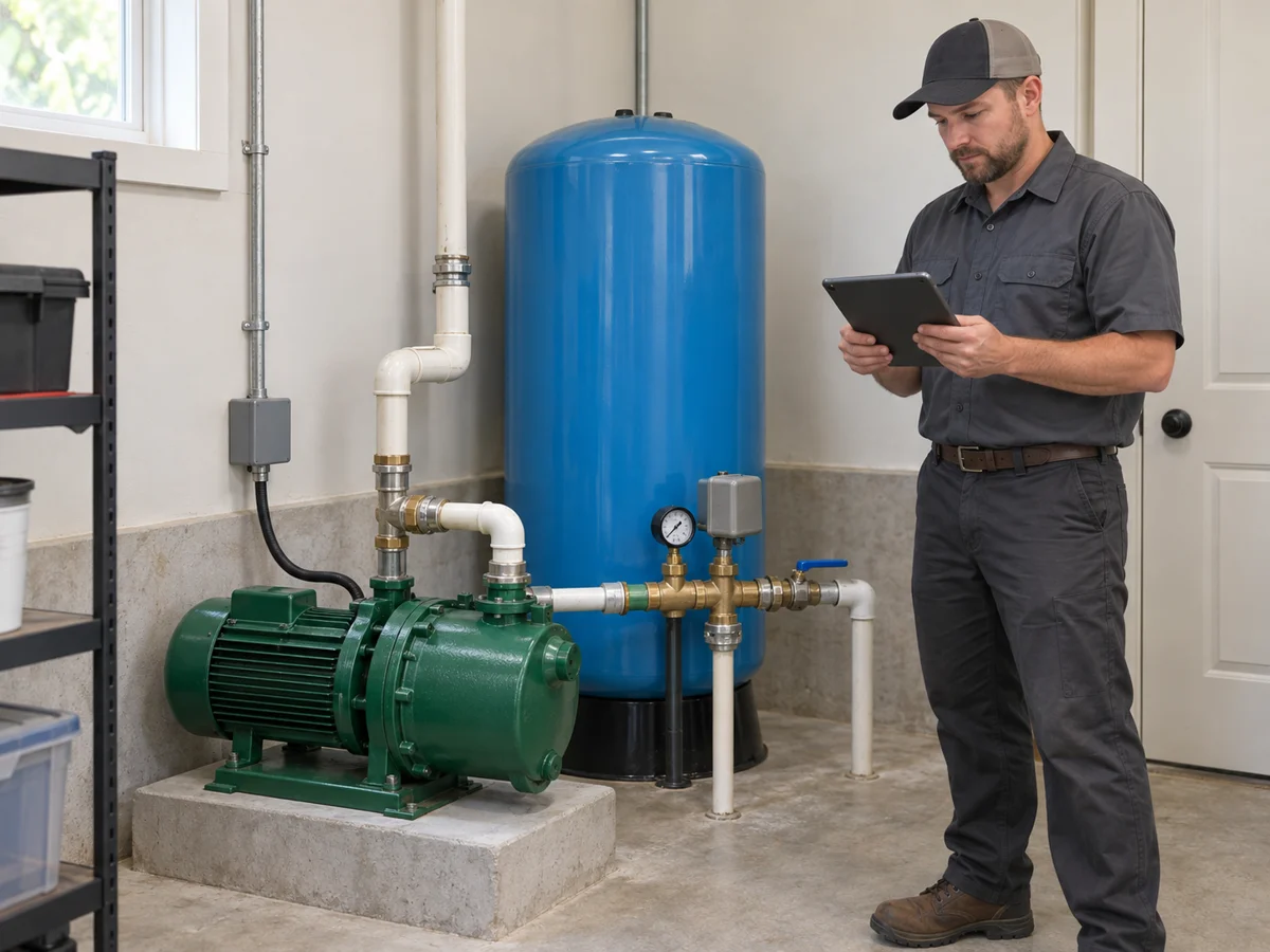 Well technician checking a jet pump and pressure-tank installation