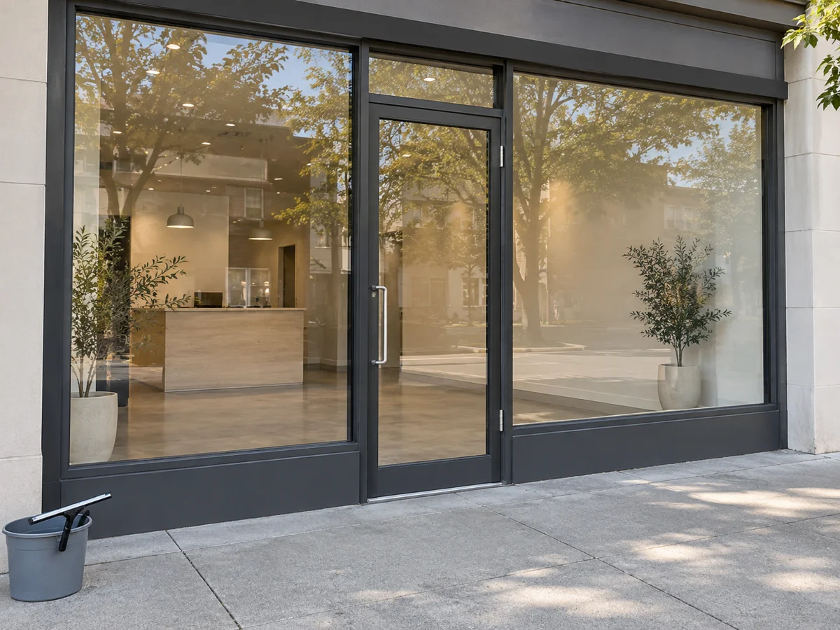 Two clear storefront display panes and a glass entry door after window cleaning