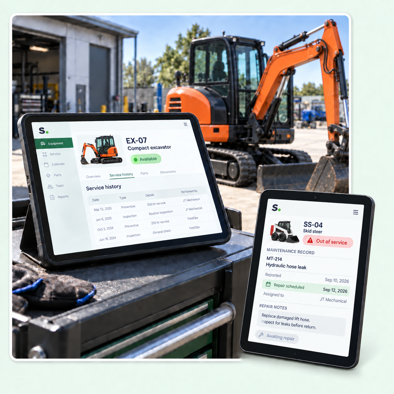 Orange excavator with its service record on a tablet, alongside a second tablet showing a white and red skid steer maintenance record.