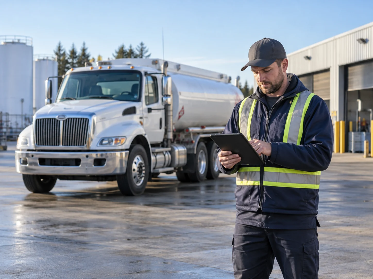Fuel delivery driver checking a tablet beside a parked delivery truck in a service yard
