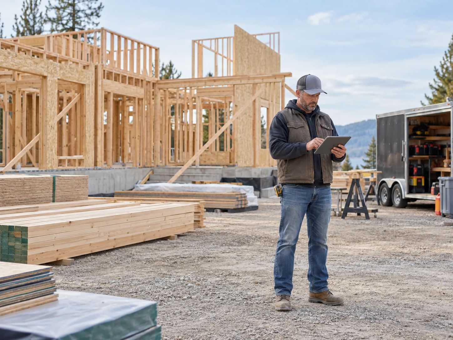 Homebuilding supervisor checking a tablet beside an orderly framed residential build and tool trailer