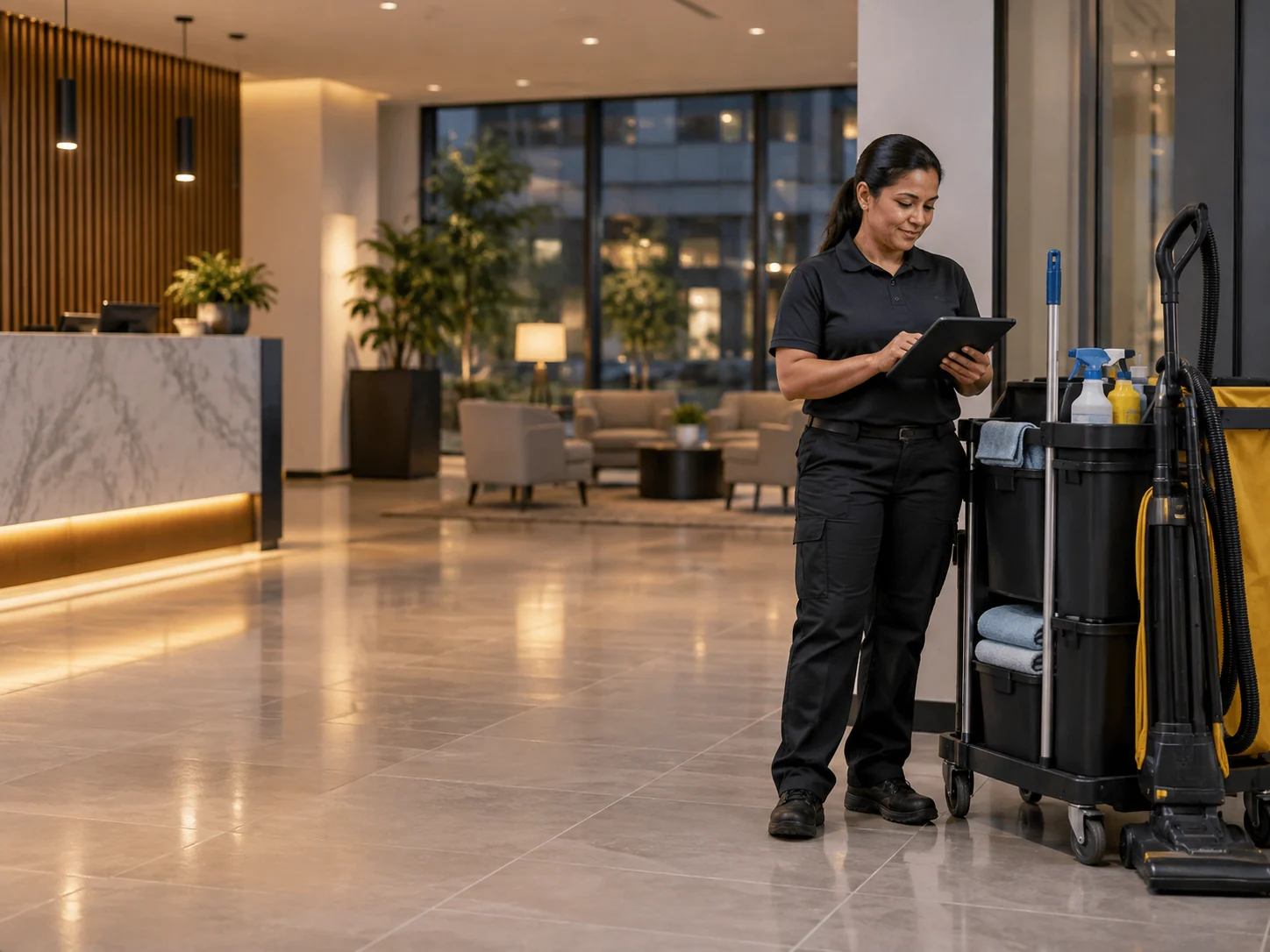Janitorial team lead checking a tablet beside a neat cart and vacuum in an office lobby