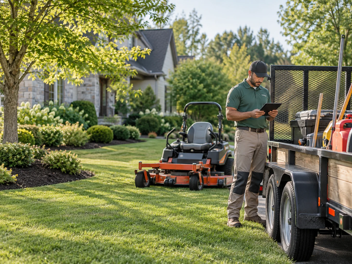Lawn care crew lead beside a commercial mower and work trailer at a landscaped home