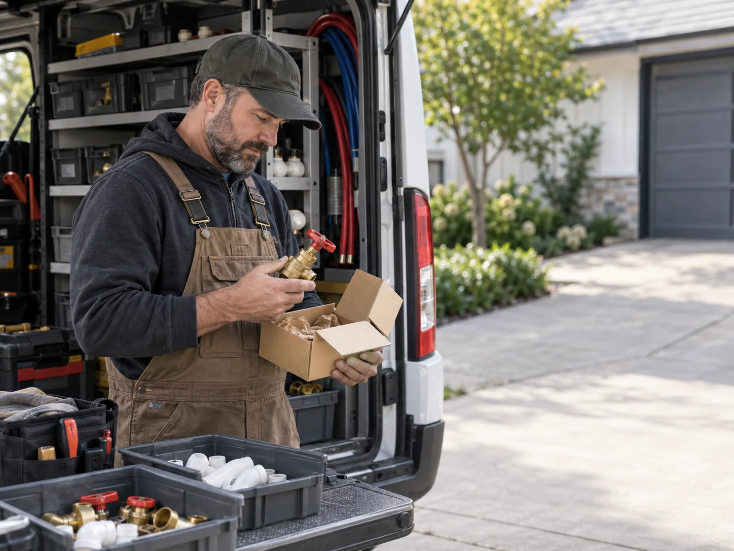 Plumber checking a boxed shutoff valve beside organized service-van bins