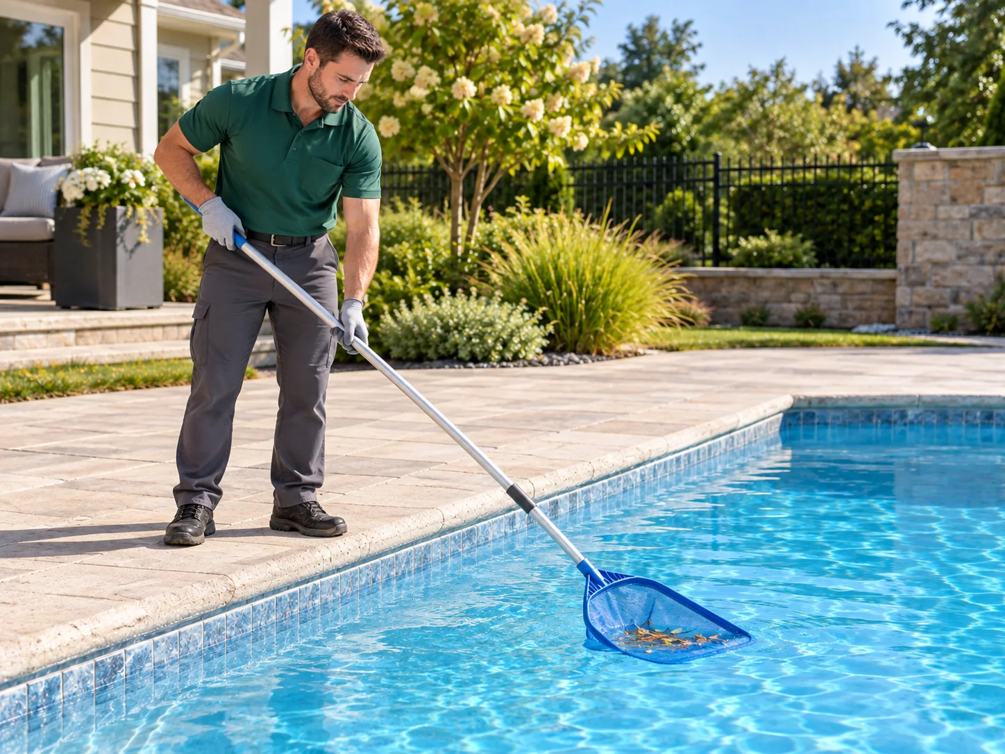 Pool technician removing leaves with a long skimmer net from a residential pool