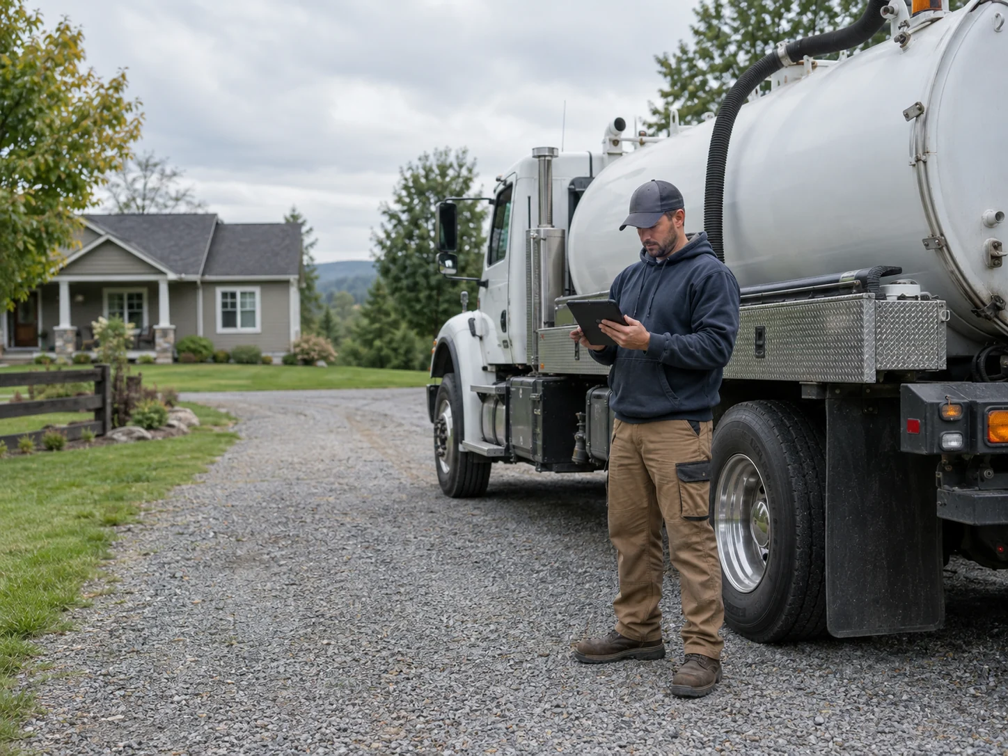 Septic service technician reviewing a tablet beside a parked service truck with the tank access closed