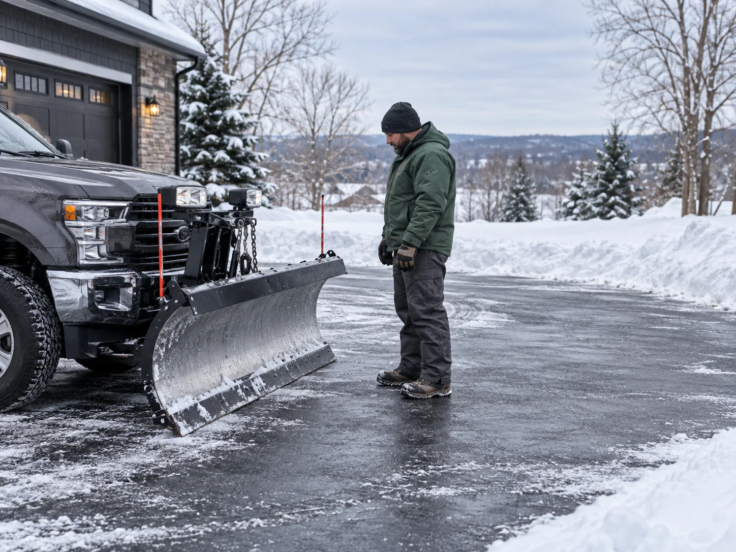 Snow-removal operator checking a parked plow truck on a cleared winter driveway