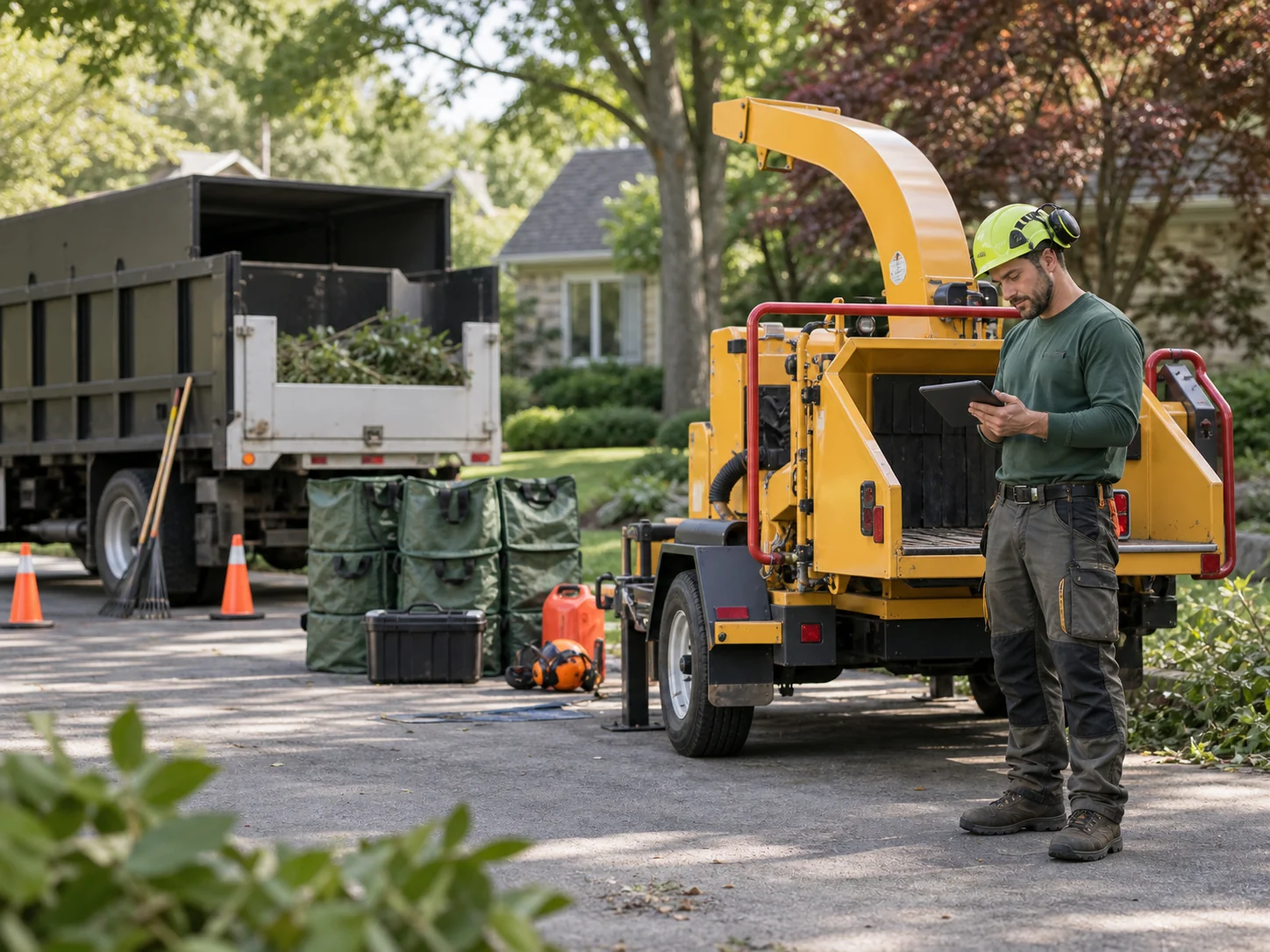 Tree-care crew lead reviewing a tablet beside a parked truck and idle wood chipper