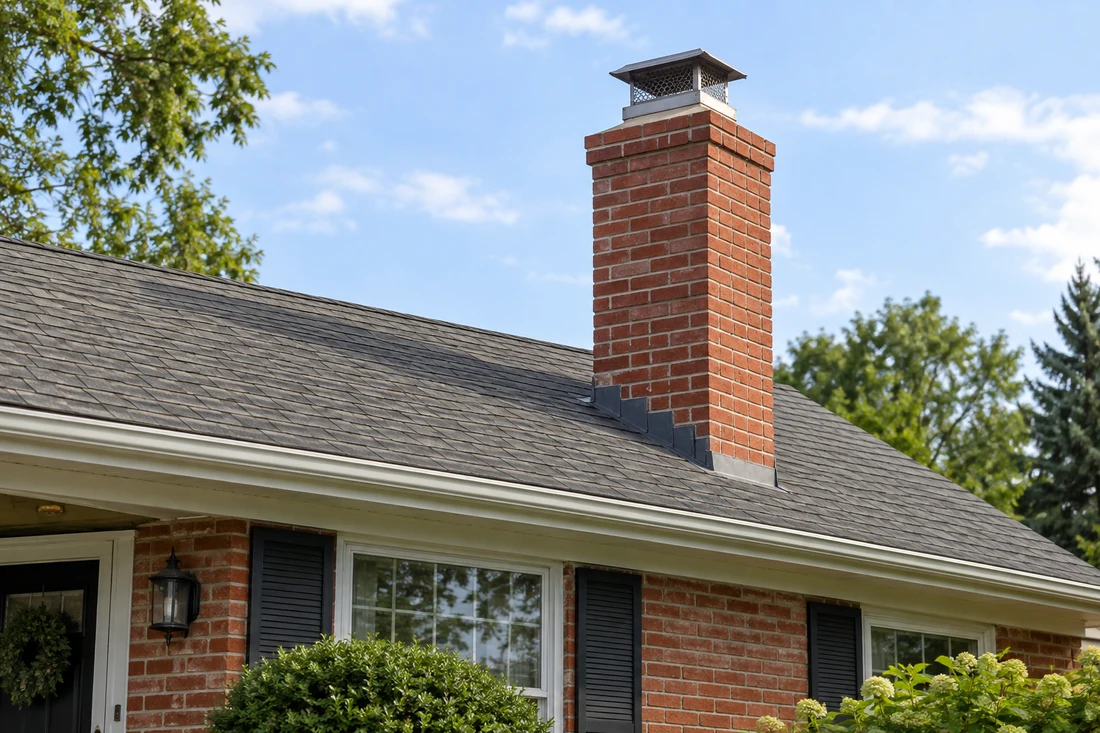 Red-brick chimney with a metal cap above a residential shingle roof