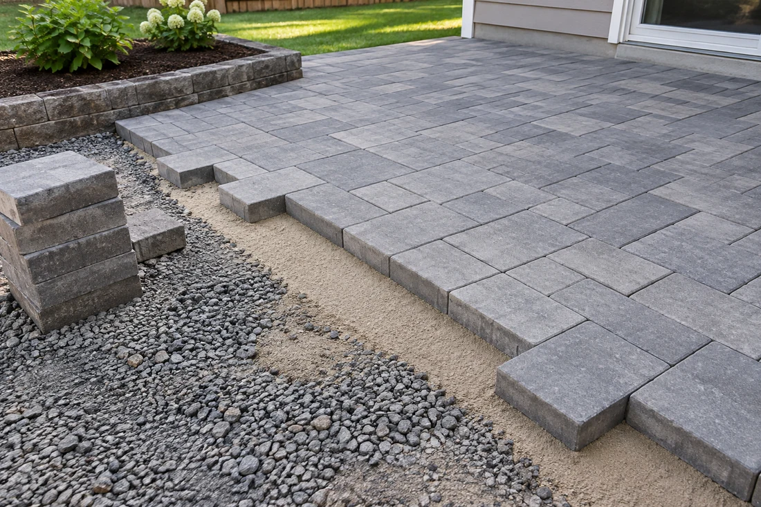 Partially installed gray paver patio with prepared base and stacked pavers