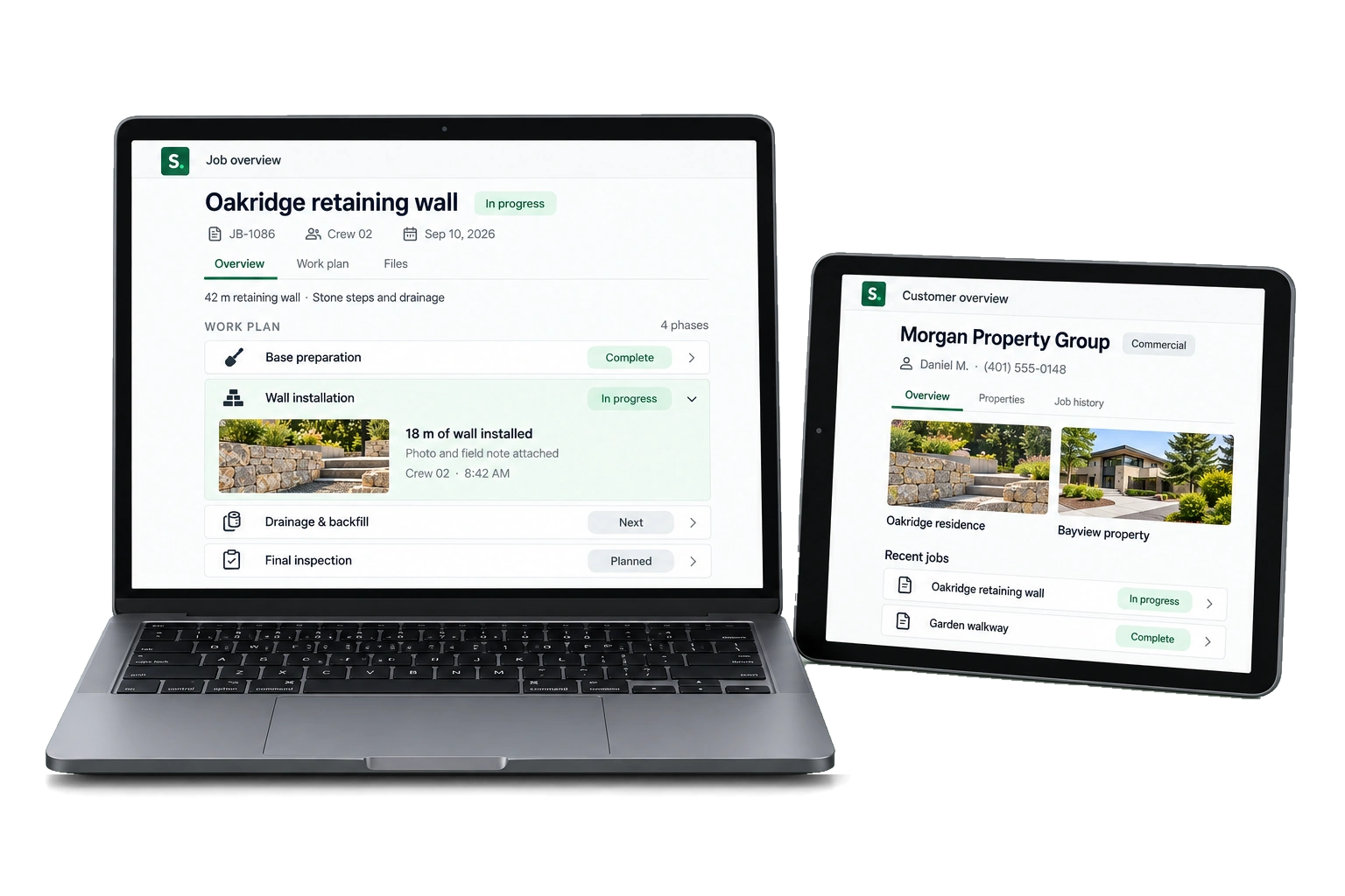 A job overview on a laptop, paired with a customer overview on an iPad.