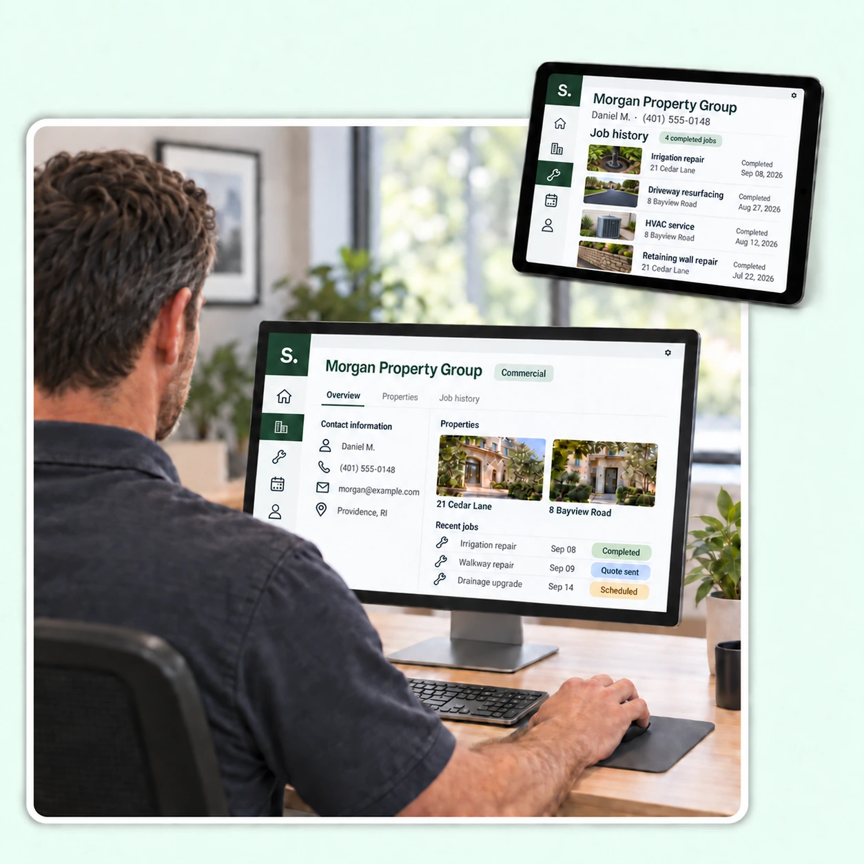 A service owner reviewing a customer overview on a desktop, with a floating iPad showing the same customer’s job history, photo previews, addresses and completion dates.