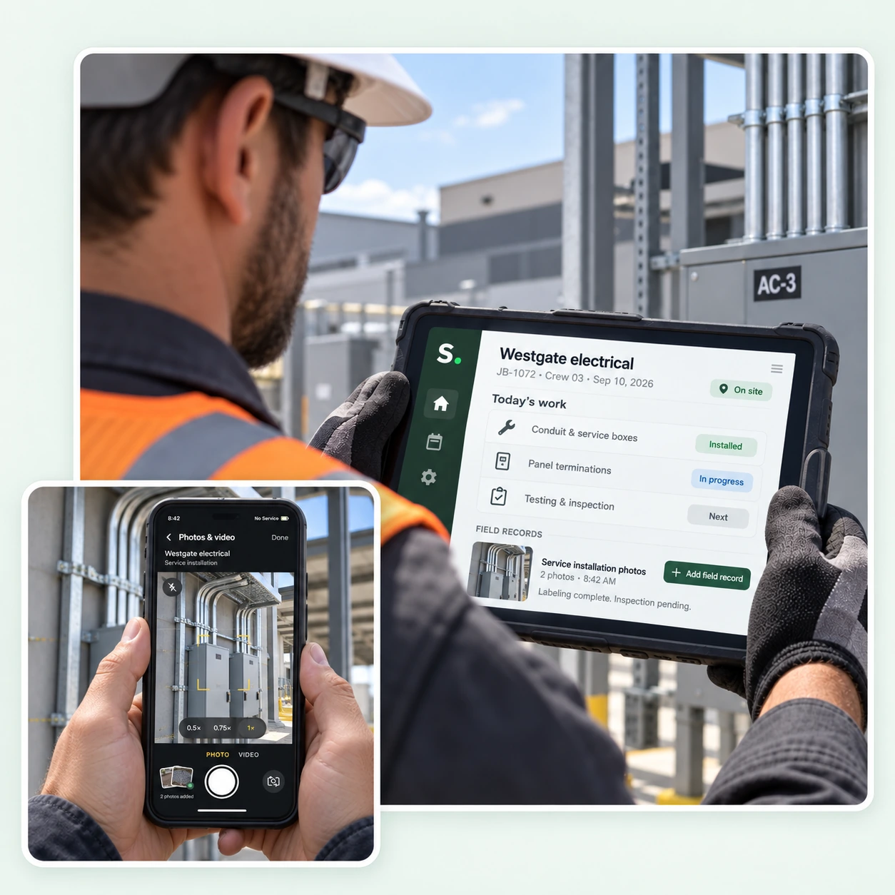 A crew member reviewing detailed electrical tasks and field records on an iPad, paired with hands holding a phone photographing the service boxes in the job’s camera view.