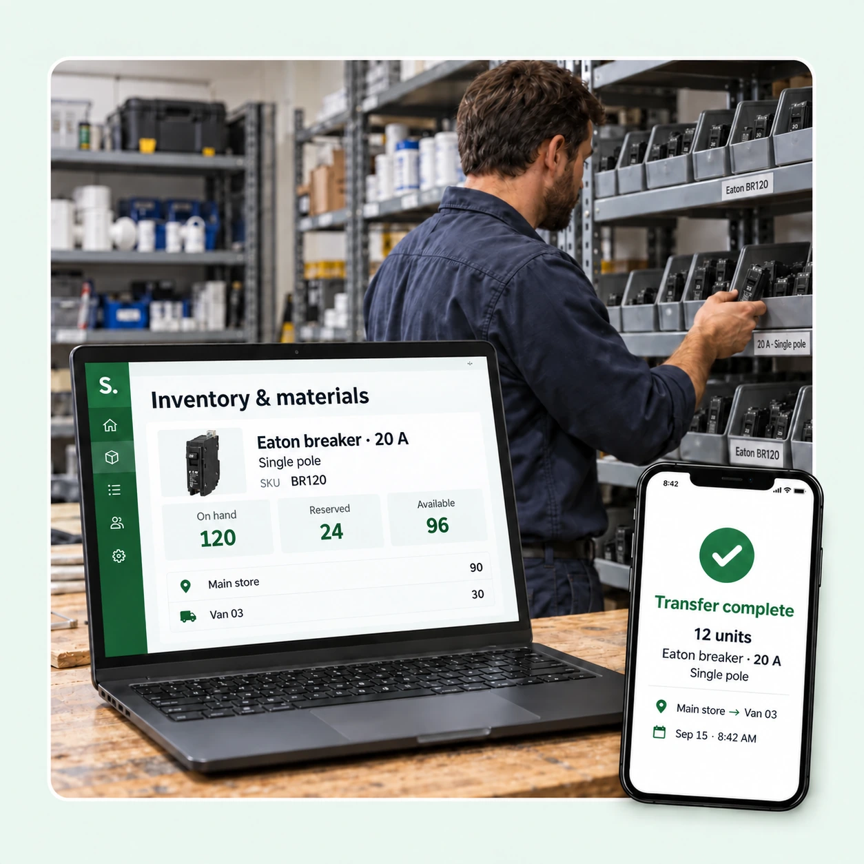 A warehouse manager selecting Eaton circuit breakers beside a laptop showing available and reserved stock, paired with a floating phone showing a completed transfer from the main store to a service van.