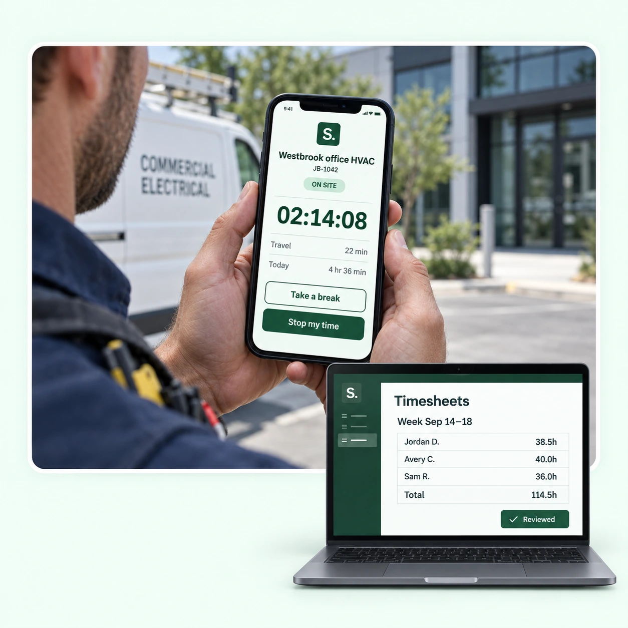 An electrician holding a phone with an active on-site job timer, travel time and workday totals, paired with a laptop showing reviewed weekly timesheets.