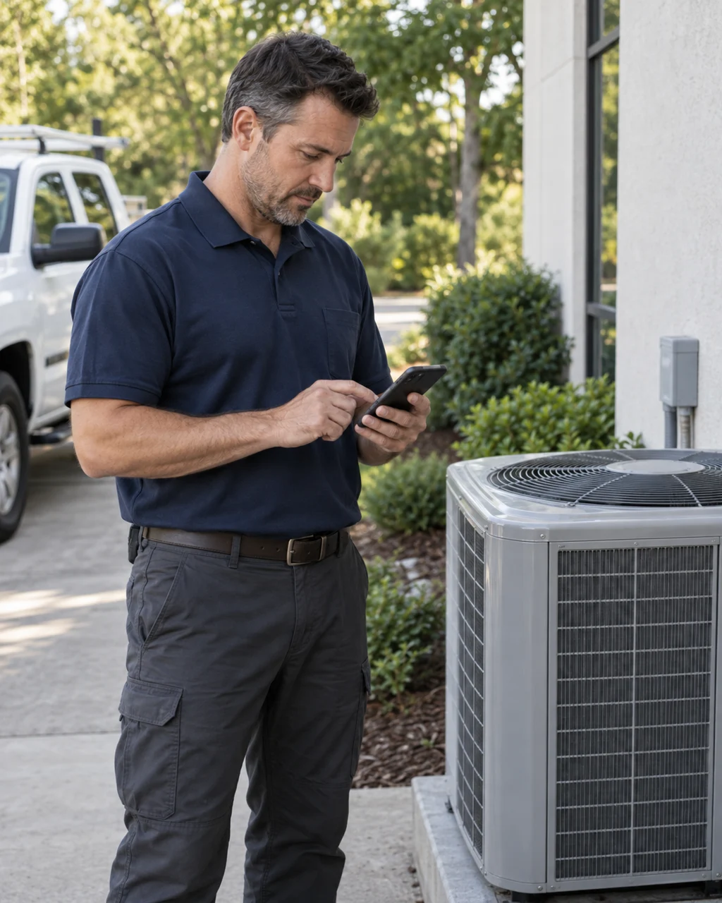 HVAC technician checking a phone beside an outdoor heat-pump unit